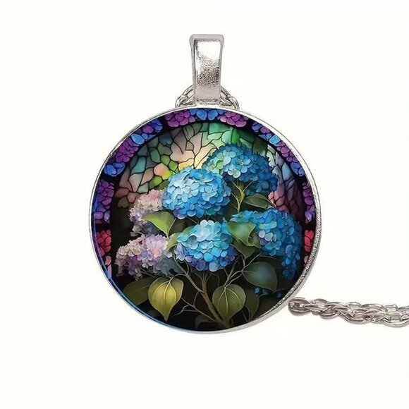 Silver Colorful HYDRANGEA Flowers Glass Cabochon Pendant Necklace - Picture 2 of 4